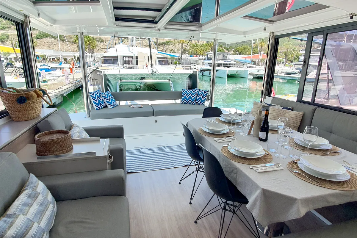 Salon of Nia, a Bali 4.6 catamaran at Sitges, Spain