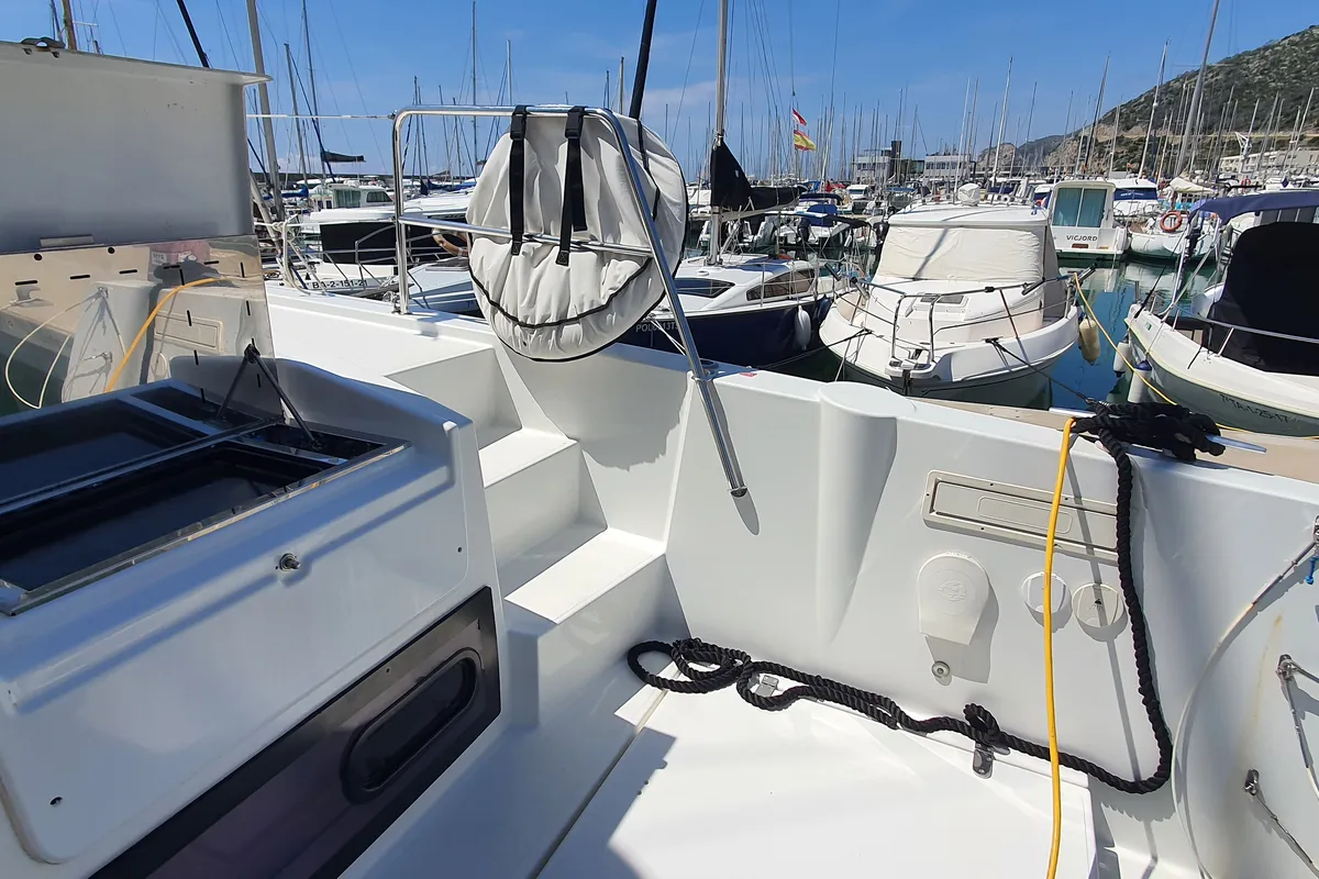 Deck of Nia, a Bali 4.6 catamaran at Sitges, Spain