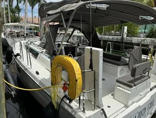 Deck of Island Girl, a Dufour 37 sailboat at Central Abaco, Bahamas