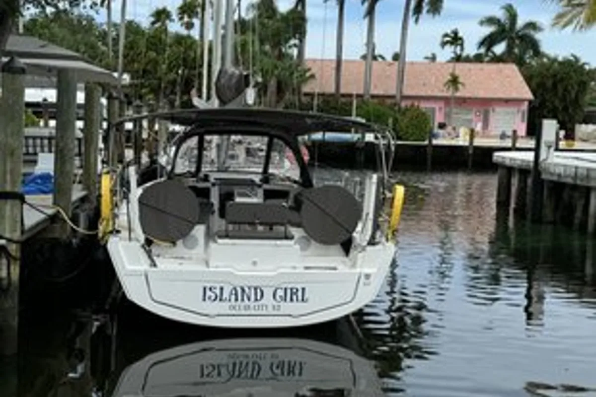 Exterior view of Island Girl, a Dufour 37 sailboat at Central Abaco, Bahamas