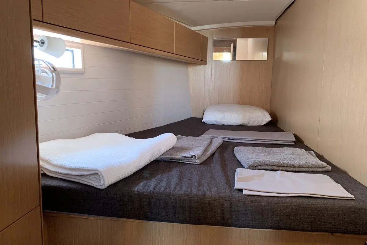 Cabin on Oceanos, a Bavaria Cruiser 46 sailboat at Lavrion, Greece