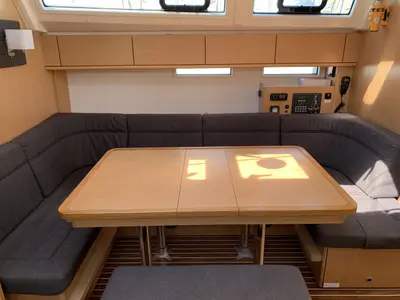 Salon of Oceanos, a Bavaria Cruiser 46 sailboat at Lavrion, Greece