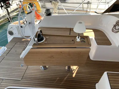 Deck of Oceanos, a Bavaria Cruiser 46 sailboat at Lavrion, Greece