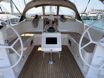 Cockpit of Oceanos, a Bavaria Cruiser 46 sailboat at Lavrion, Greece