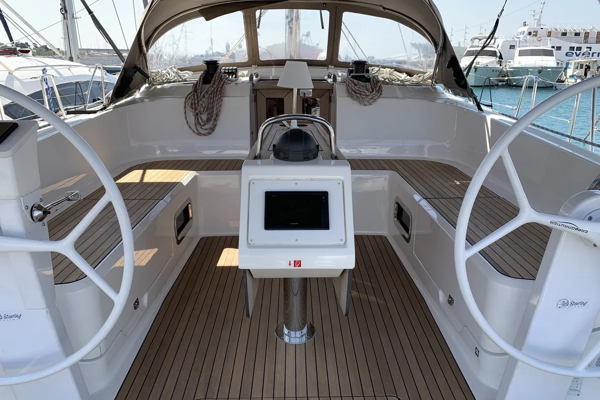 Cockpit of Oceanos, a Bavaria Cruiser 46 sailboat at Lavrion, Greece