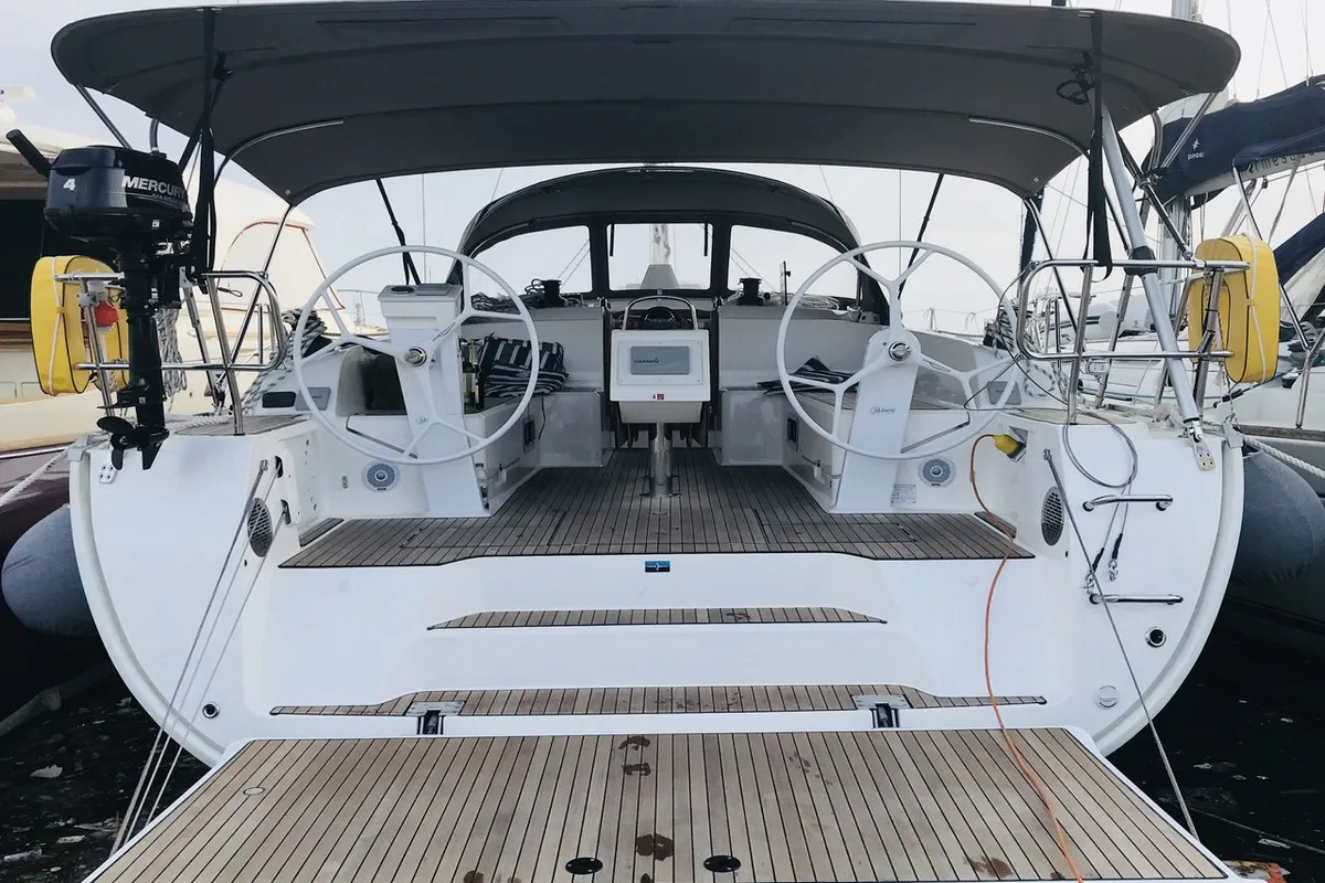 Exterior view of Oceanos, a Bavaria Cruiser 46 sailboat at Lavrion, Greece