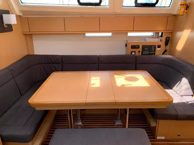 Salon of Oceanos, a Bavaria Cruiser 46 sailboat at Lavrion, Greece