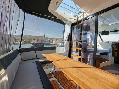 Deck of TG, a Jeanneau Merry Fisher 1095 FLY motorboat at Grad Trogir, Croatia