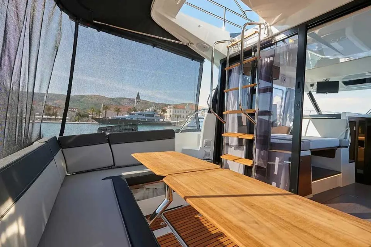 Deck of TG, a Jeanneau Merry Fisher 1095 FLY motorboat at Grad Trogir, Croatia