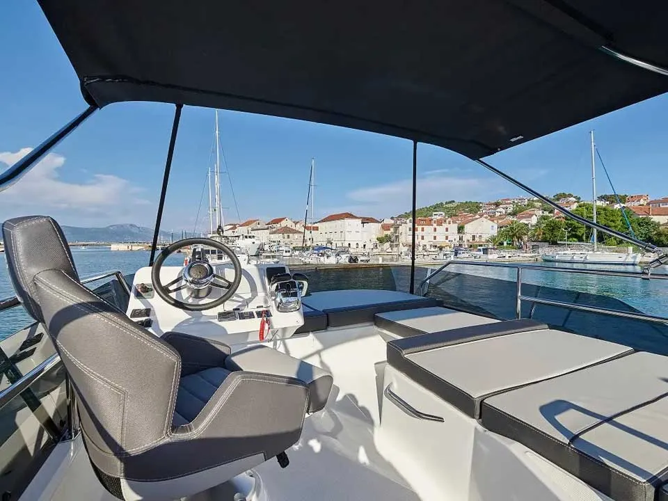 Cockpit of TG, a Jeanneau Merry Fisher 1095 FLY motorboat at Grad Trogir, Croatia