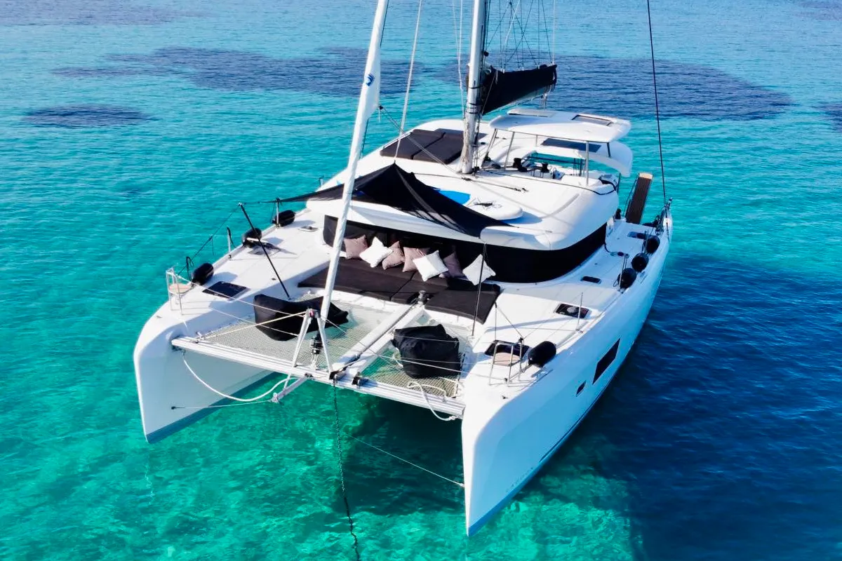 Exterior view of Karla, a Lagoon 42 catamaran at Parikia, Greece