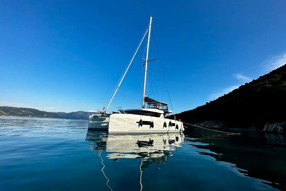 Exterior view of Karla, a Lagoon 42 catamaran at Parikia, Greece