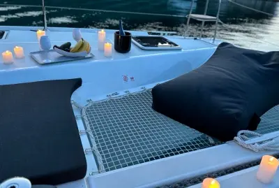 Deck of Karla, a Lagoon 42 catamaran at Parikia, Greece