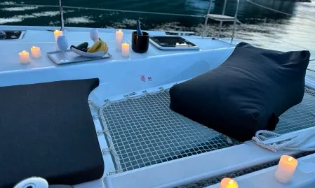 Deck of Karla, a Lagoon 42 catamaran at Parikia, Greece