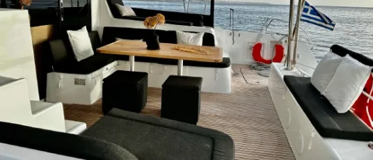 Deck of Karla, a Lagoon 42 catamaran at Parikia, Greece