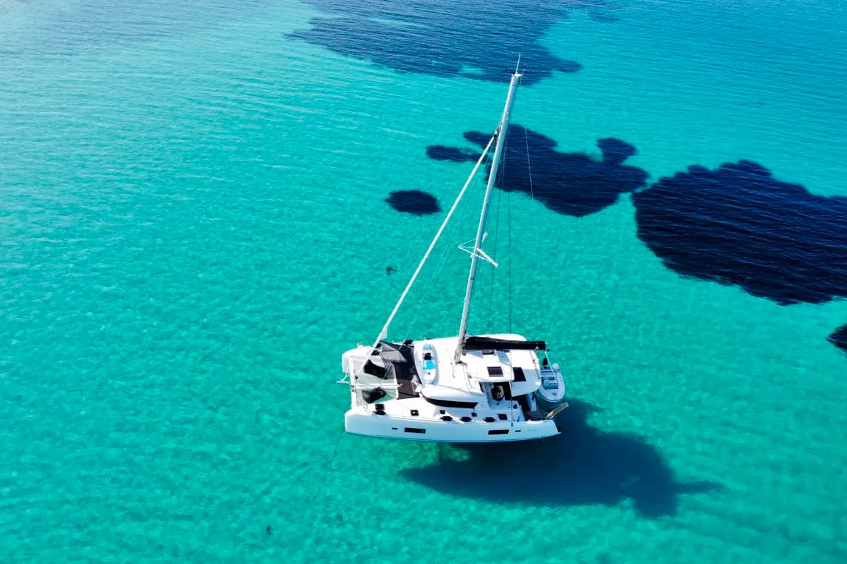 Exterior view of Karla, a Lagoon 42 catamaran at Parikia, Greece