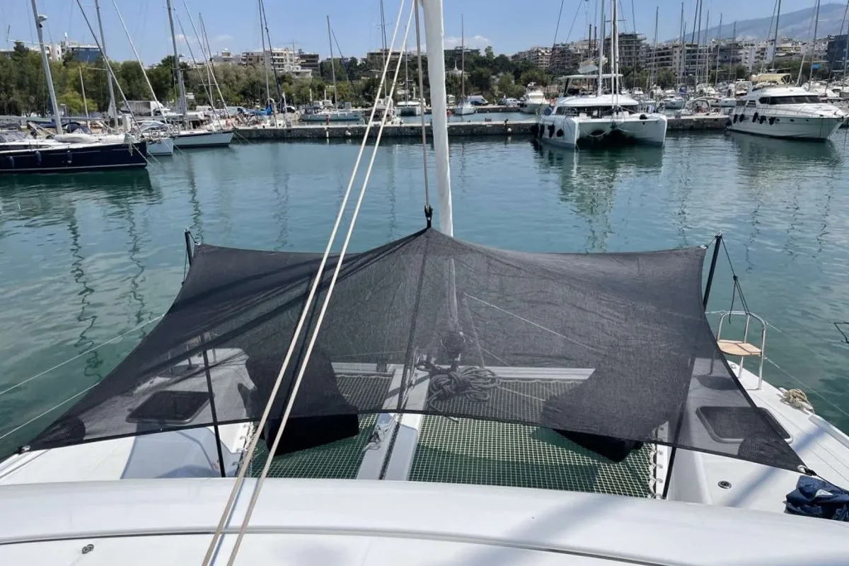 Deck of Karla, a Lagoon 42 catamaran at Parikia, Greece