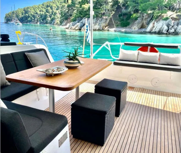 Deck of Karla, a Lagoon 42 catamaran at Parikia, Greece