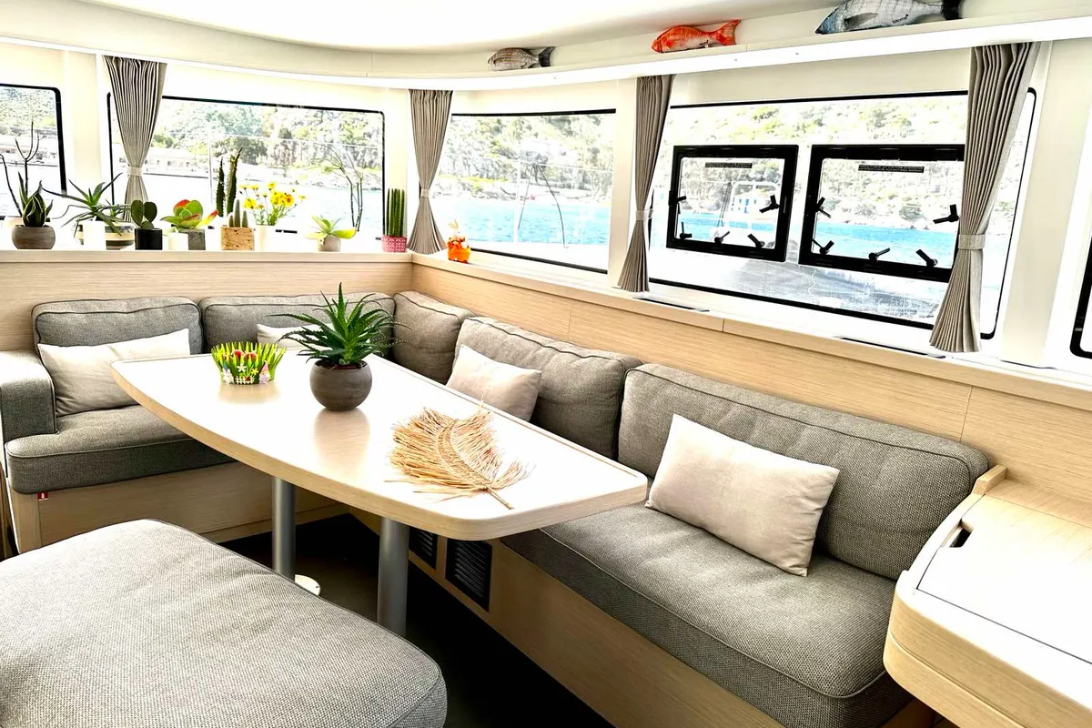 Salon of Karla, a Lagoon 42 catamaran at Parikia, Greece
