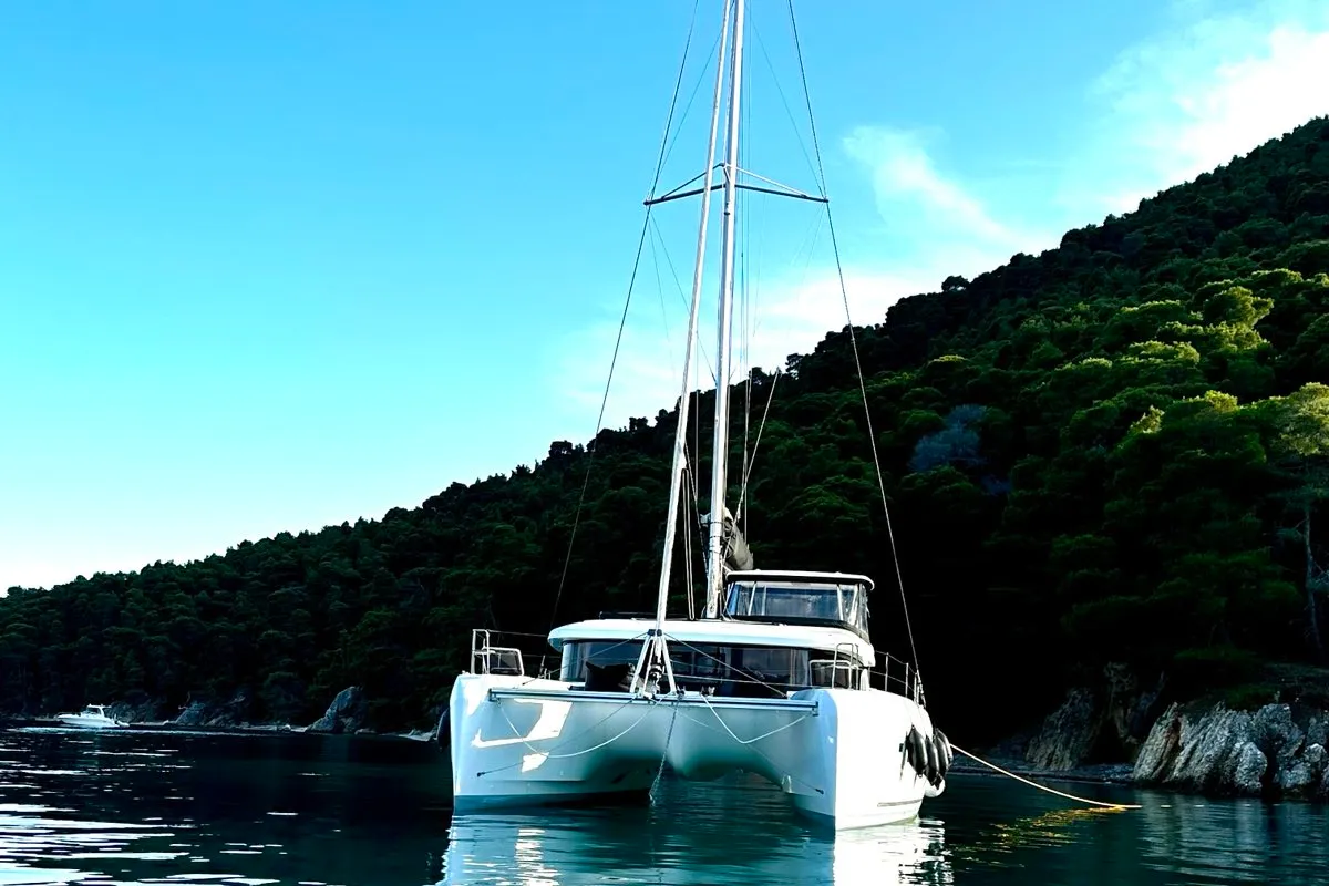 Exterior view of Karla, a Lagoon 42 catamaran at Parikia, Greece