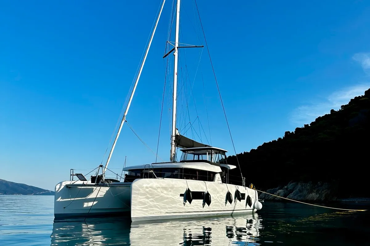 Exterior view of Karla, a Lagoon 42 catamaran at Parikia, Greece