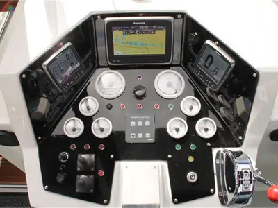 Cockpit of Elaine, a De Drait Kotterjacht 10.7 GL motorboat at Woudsend, Netherlands