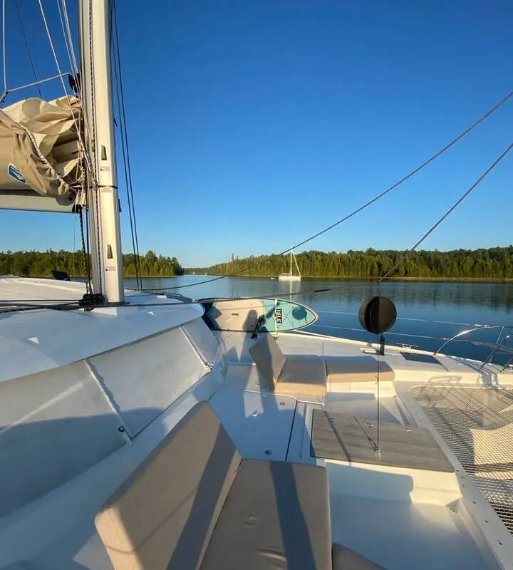 Deck of Beyond, a Fountaine Pajot Aura 51 catamaran at Kingstown, Saint Vincent and the Grenadines