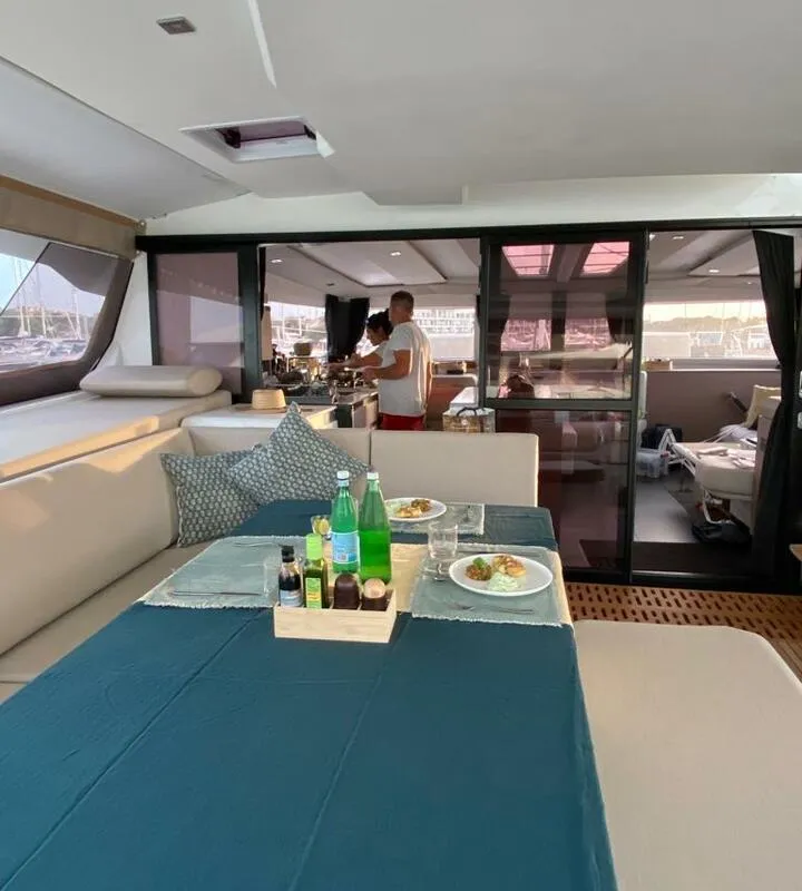 Salon of Beyond, a Fountaine Pajot Aura 51 catamaran at Kingstown, Saint Vincent and the Grenadines