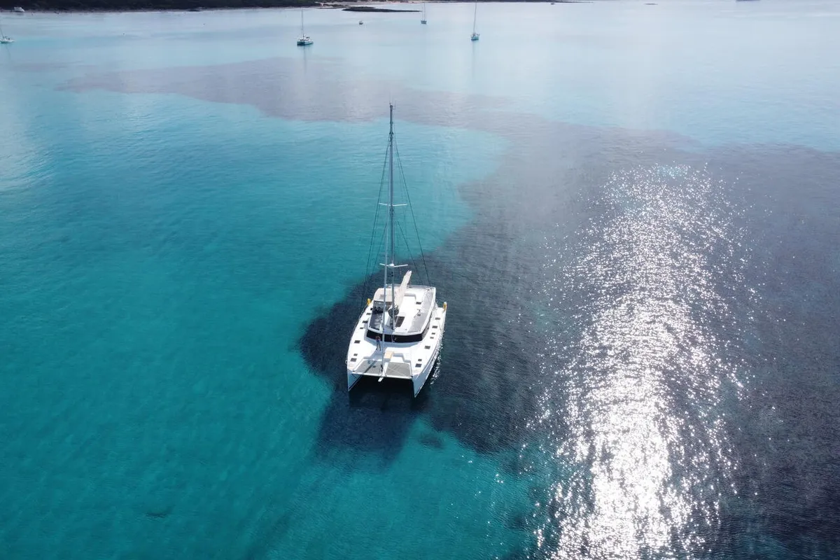 Exterior view of Beyond, a Fountaine Pajot Aura 51 catamaran at Kingstown, Saint Vincent and the Grenadines