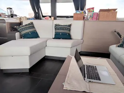 Salon of Beyond, a Fountaine Pajot Aura 51 catamaran at Kingstown, Saint Vincent and the Grenadines