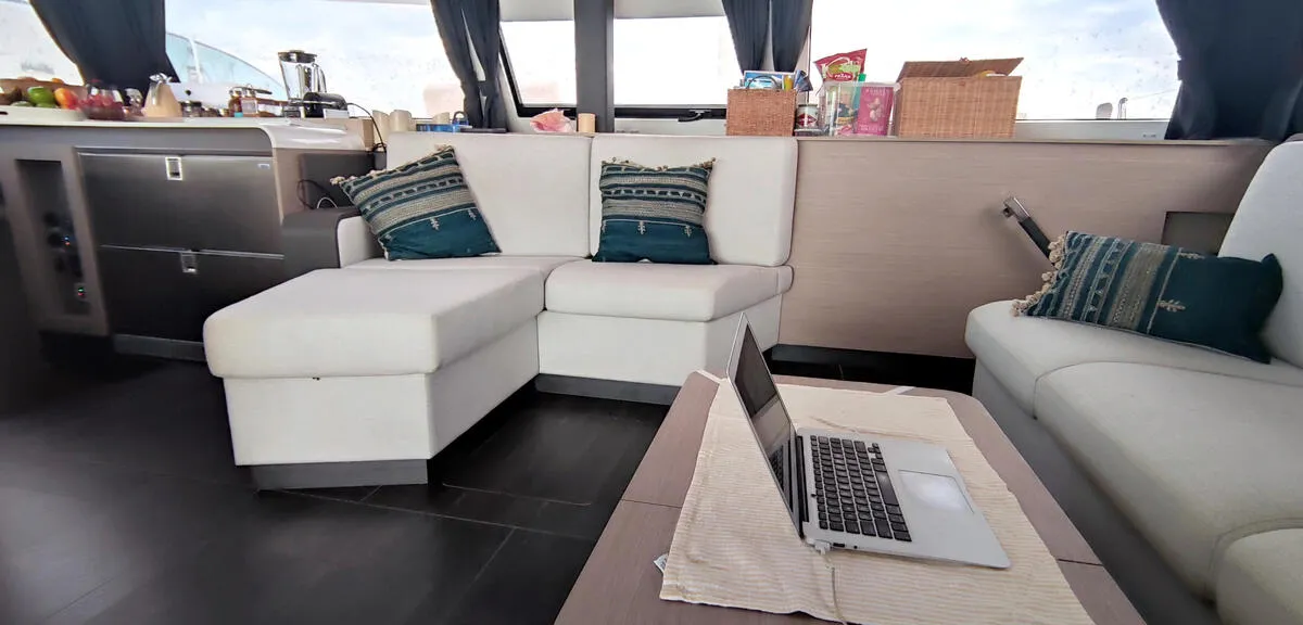 Salon of Beyond, a Fountaine Pajot Aura 51 catamaran at Kingstown, Saint Vincent and the Grenadines