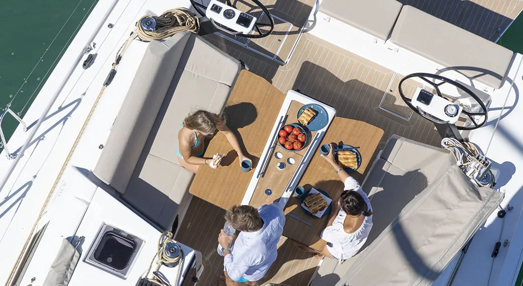 Deck of Calypso, a Dufour 430 sailboat at Municipal Unit of Rhodes, Greece