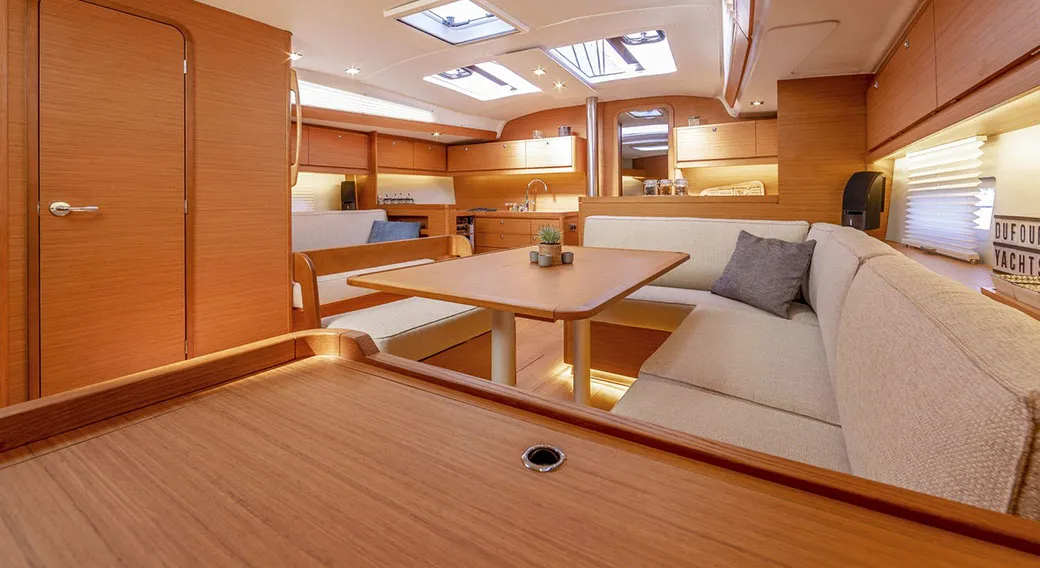 Salon of Calypso, a Dufour 430 sailboat at Municipal Unit of Rhodes, Greece