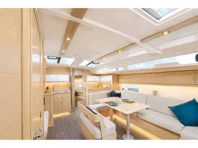 Salon of Calypso, a Dufour 430 sailboat at Municipal Unit of Rhodes, Greece