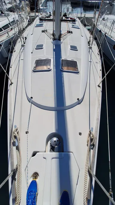 Deck of Sunflower, a Jeanneau Sun Odyssey 45 sailboat at Athens, Greece
