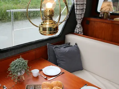 Salon of Larissa, a Gulet Merenpoort 1100s motorboat at Heukelum, Netherlands