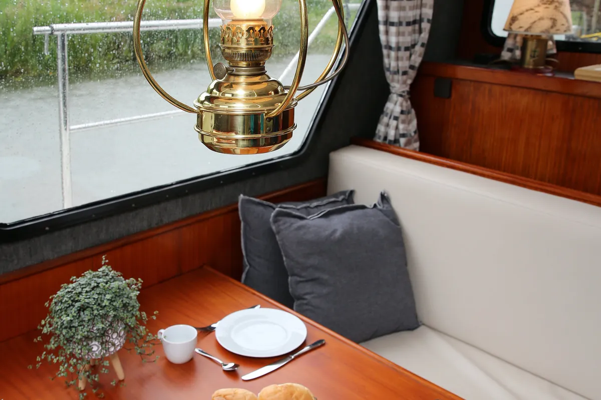 Salon of Larissa, a Gulet Merenpoort 1100s motorboat at Heukelum, Netherlands