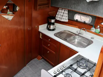 Galley of Larissa, a Gulet Merenpoort 1100s motorboat at Heukelum, Netherlands