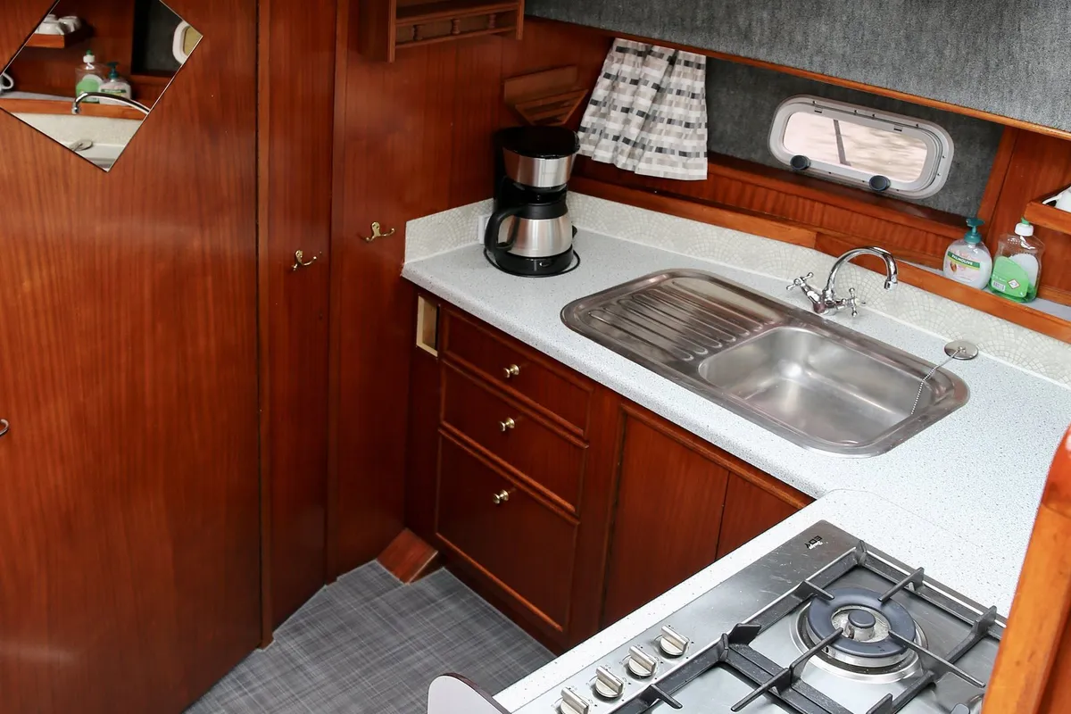 Galley of Larissa, a Gulet Merenpoort 1100s motorboat at Heukelum, Netherlands