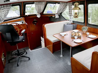 Cockpit of Larissa, a Gulet Merenpoort 1100s motorboat at Heukelum, Netherlands