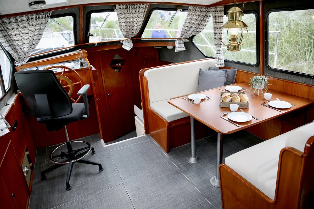 Cockpit of Larissa, a Gulet Merenpoort 1100s motorboat at Heukelum, Netherlands