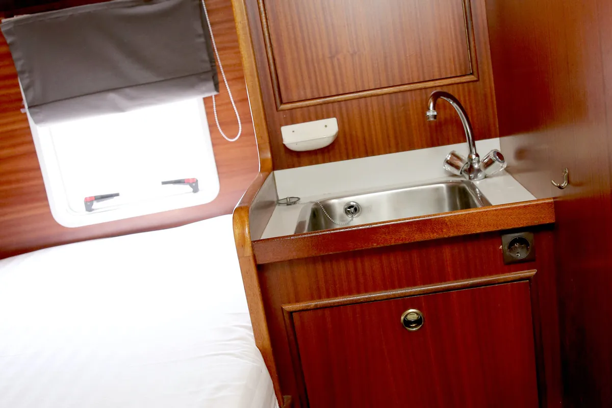 Cabin on Larissa, a Gulet Merenpoort 1100s motorboat at Heukelum, Netherlands