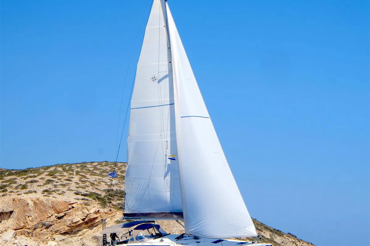 Exterior view of Kontiki, a Jeanneau Sun Odyssey 519 sailboat at Municipal Unit of Lefkada, Greece