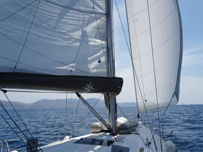 Deck of Kontiki, a Jeanneau Sun Odyssey 519 sailboat at Municipal Unit of Lefkada, Greece