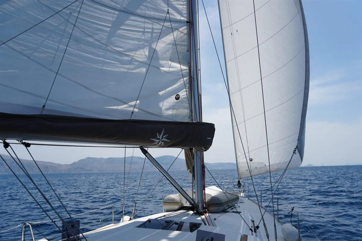 Deck of Kontiki, a Jeanneau Sun Odyssey 519 sailboat at Municipal Unit of Lefkada, Greece