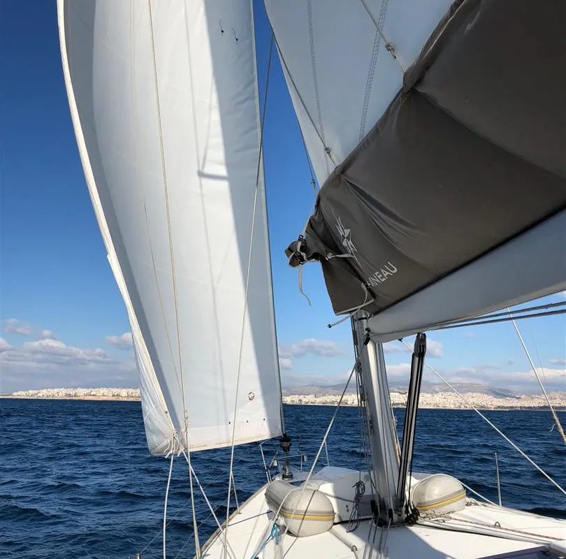 Deck of Kontiki, a Jeanneau Sun Odyssey 519 sailboat at Municipal Unit of Lefkada, Greece
