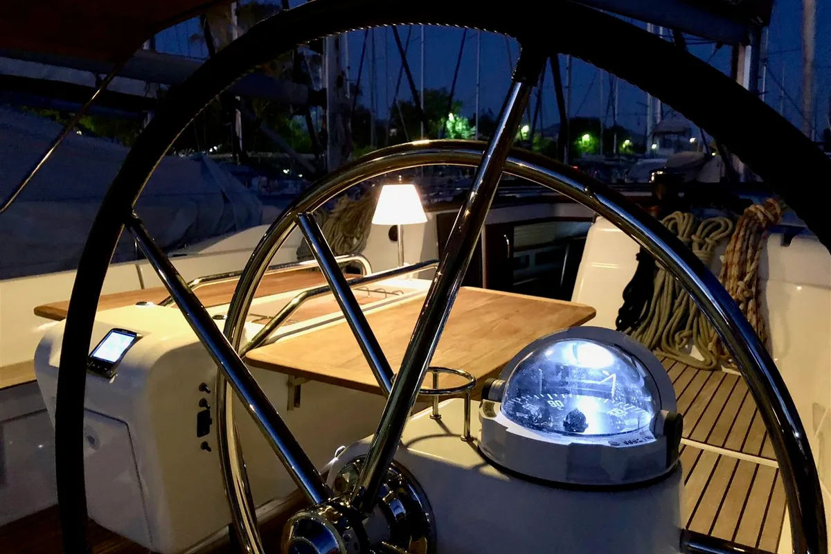 Cockpit of Kontiki, a Jeanneau Sun Odyssey 519 sailboat at Municipal Unit of Lefkada, Greece