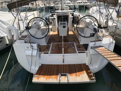 Cockpit of Kontiki, a Jeanneau Sun Odyssey 519 sailboat at Municipal Unit of Lefkada, Greece