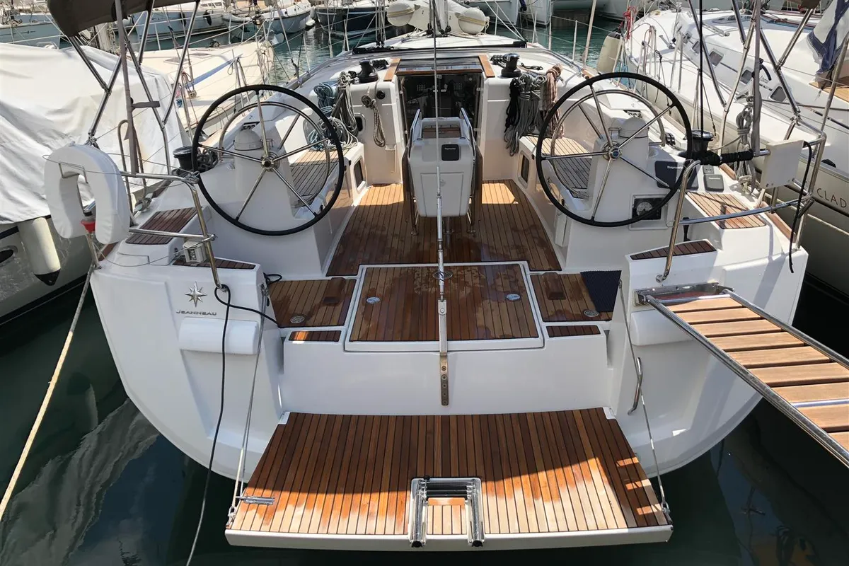 Cockpit of Kontiki, a Jeanneau Sun Odyssey 519 sailboat at Municipal Unit of Lefkada, Greece