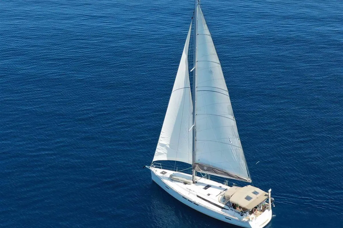 Exterior view of Kontiki, a Jeanneau Sun Odyssey 519 sailboat at Municipal Unit of Lefkada, Greece